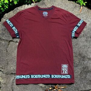 Ecko Unltd Y2K Tape Logo Maroon Black Cotton Blend T-Shirt Men's Size Large